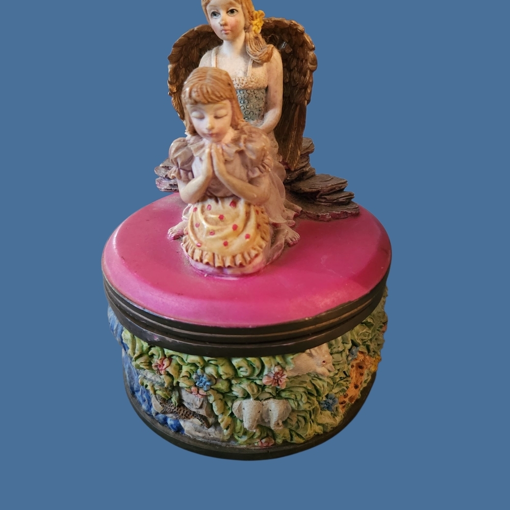 Angel Figurine Ceramic Trinket Box with Pink Lid